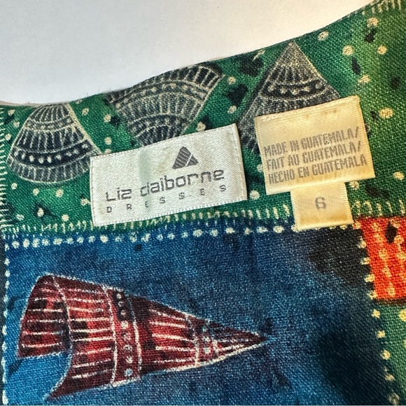 Vtg 80s 90s Liz Claiborne Button Front Batik Dress 100% Linen - Picture 2 of 8